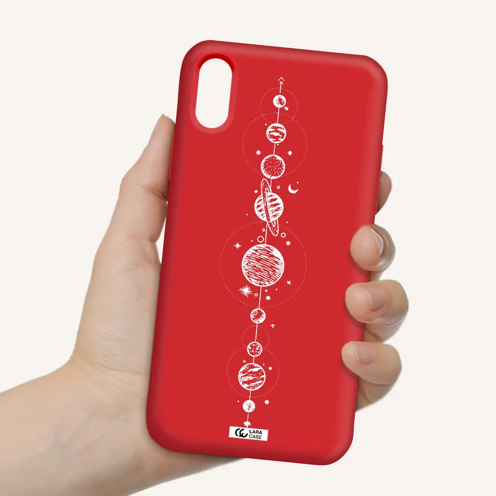 Solar System Line Art Apple iPhone XS Silicone Imperial Red Case