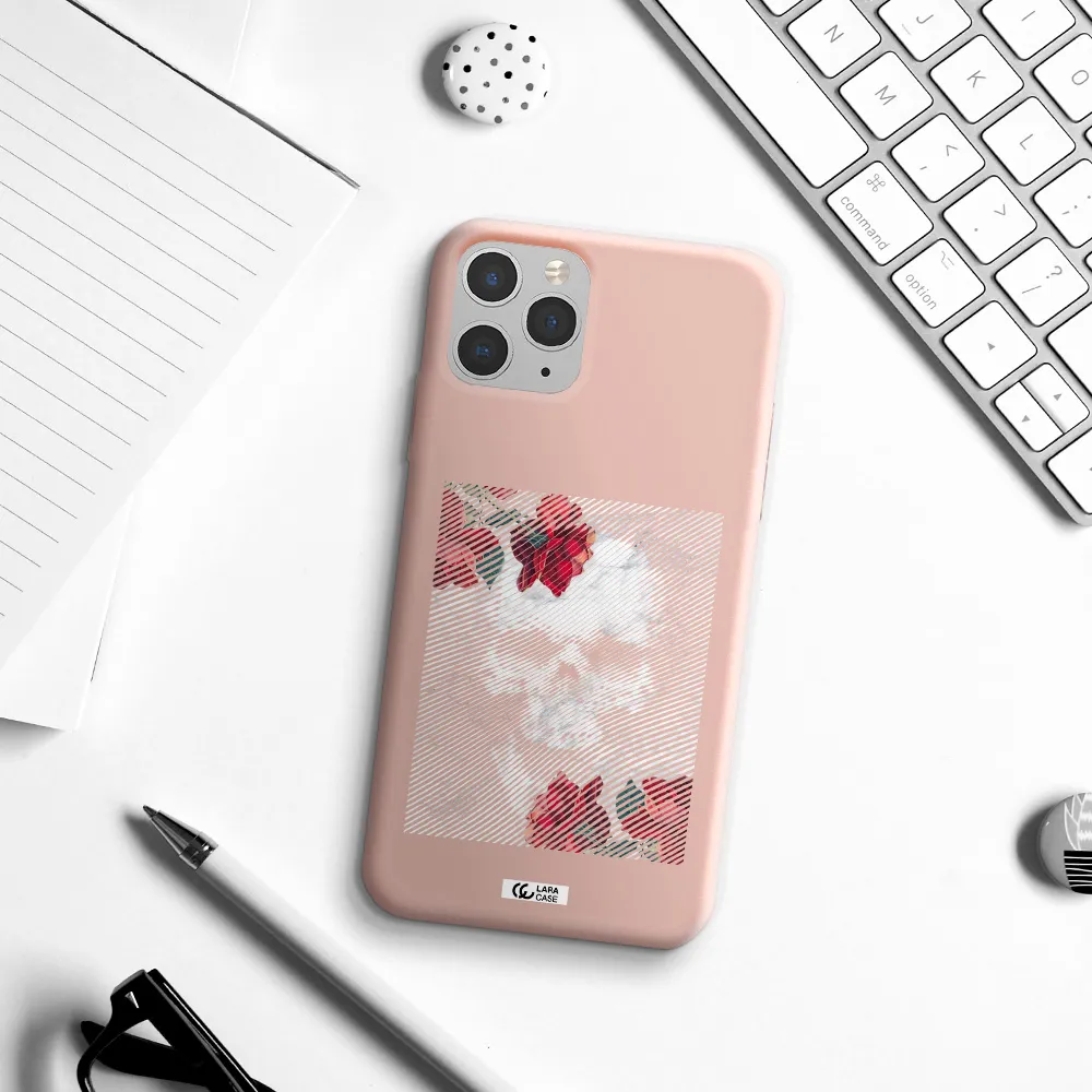 Rose And Skull Pattern Line Apple iPhone 11 pro Silicone pastel pink Case