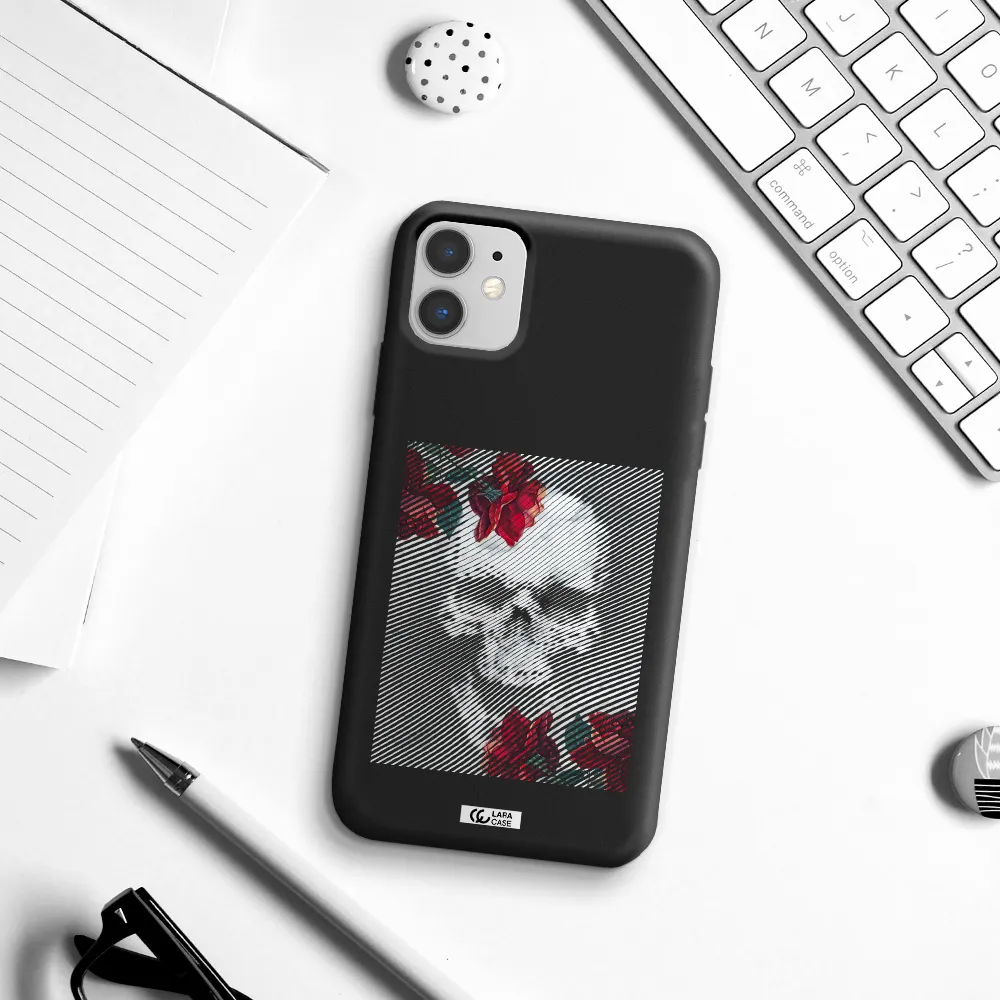 Rose And Skull Pattern Line Apple iPhone 11 Silicone black Case