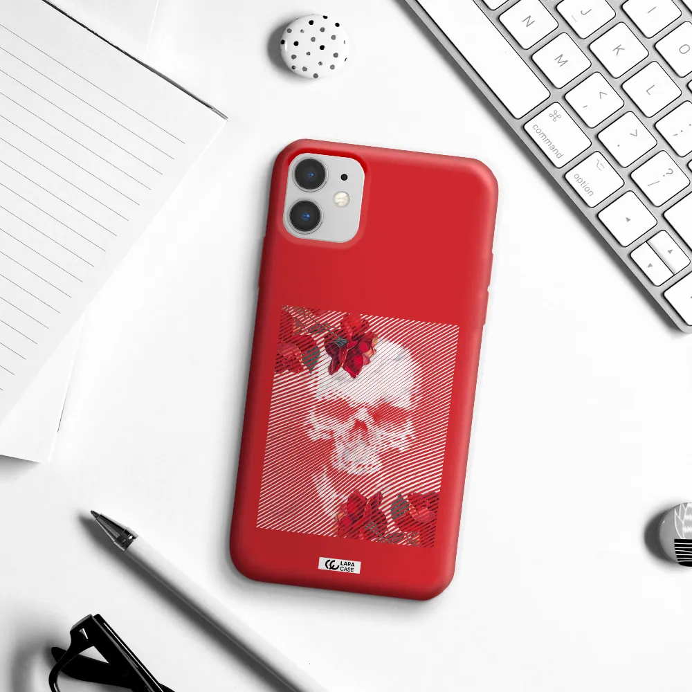 Rose And Skull Pattern Line Apple iPhone 11 Silicone Imperial Red Case