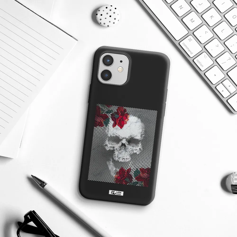 Rose And Skull Pattern Line Apple iPhone 12 mini Silicone black Case