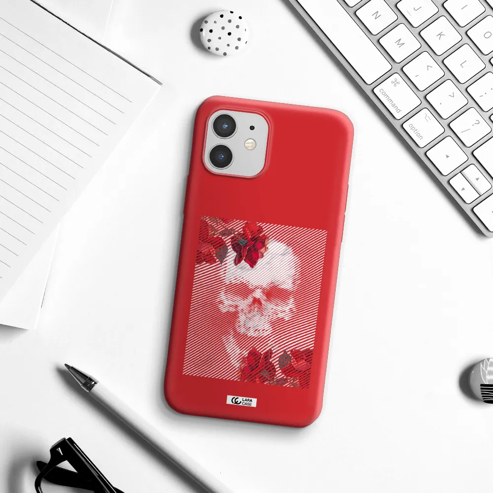 Rose And Skull Pattern Line Apple iPhone 12 mini Silicone Imperial Red Case