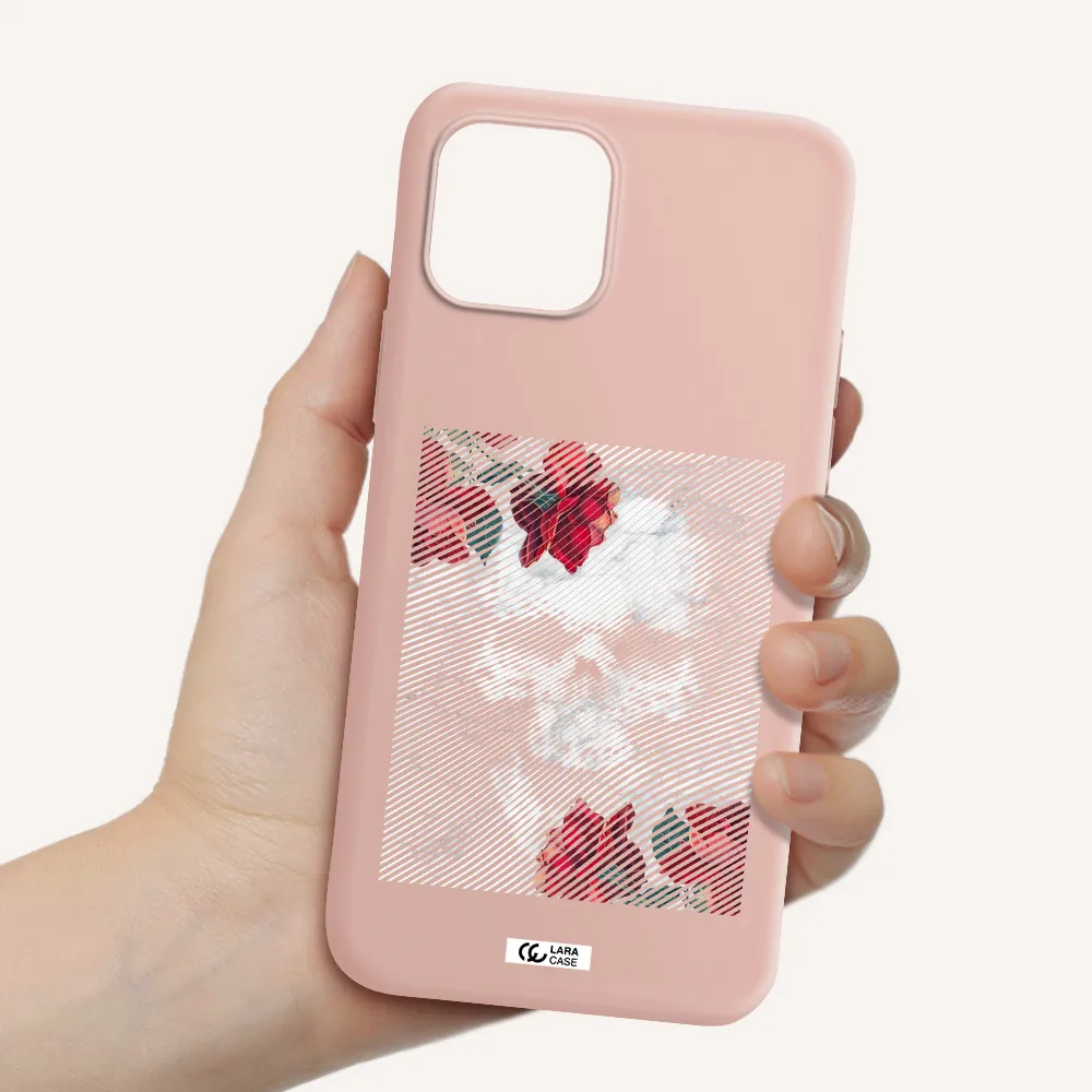 Rose And Skull Pattern Line Apple iPhone 12 mini Silicone pastel pink Case