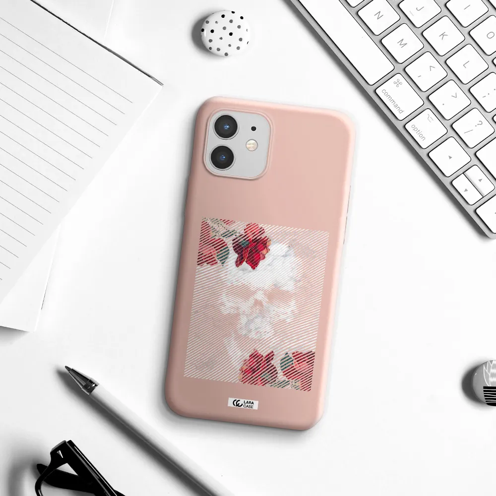 Rose And Skull Pattern Line Apple iPhone 12 mini Silicone pastel pink Case