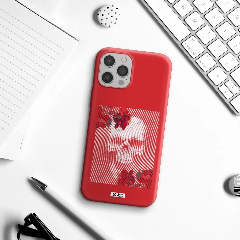 Rose And Skull Pattern Line Apple iPhone 12 pro max Silicone Imperial Red Case