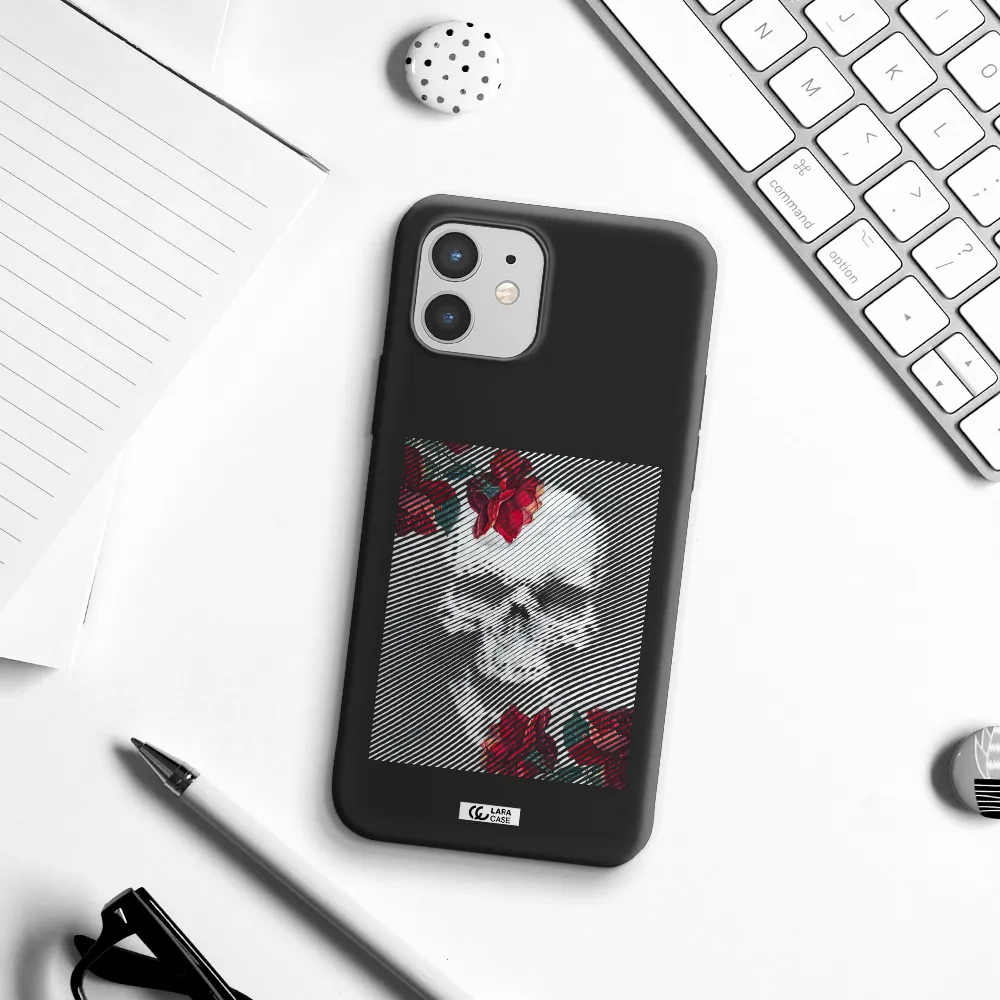 Rose And Skull Pattern Line Apple iPhone 12 Silicone black Case