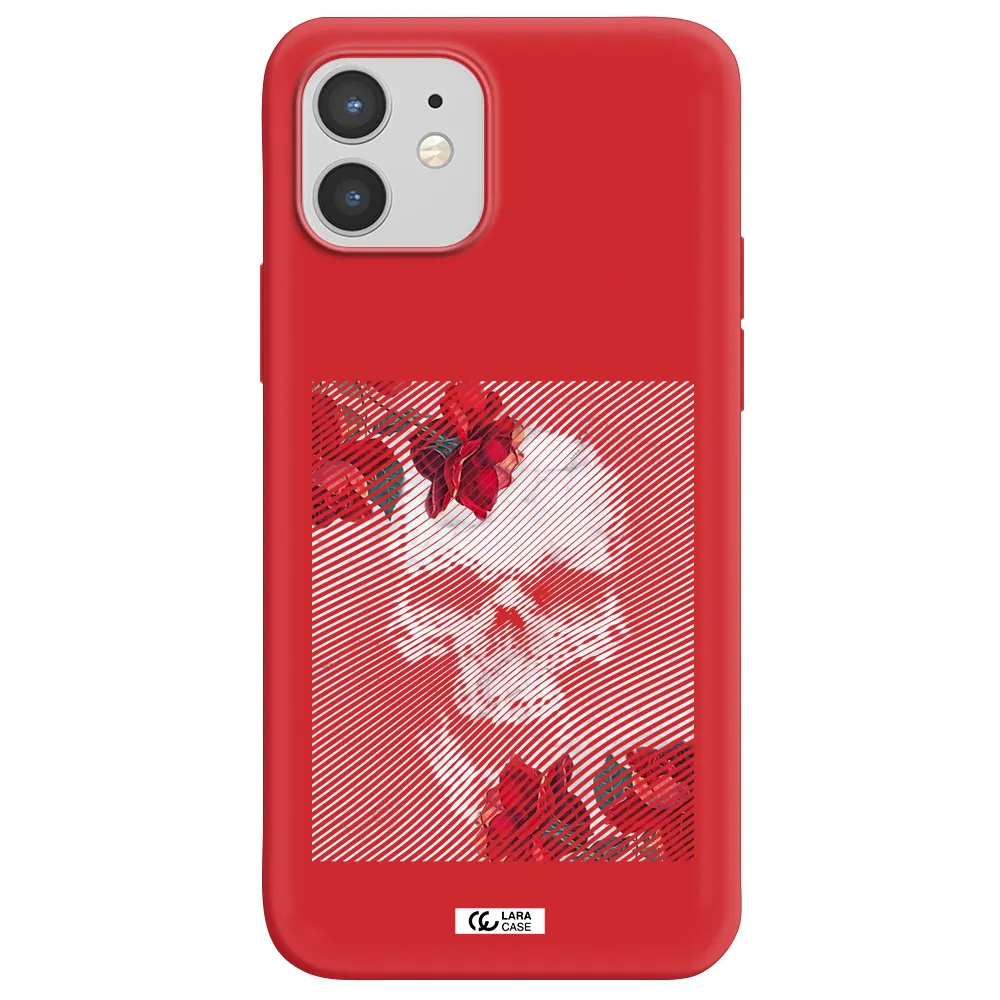 Rose And Skull Pattern Line Apple iPhone 12 Silicone Imperial Red Case