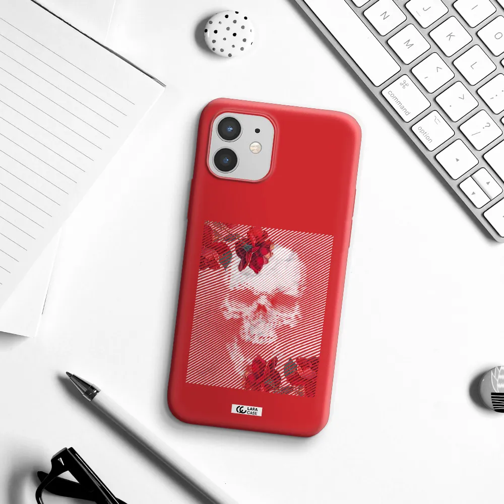 Rose And Skull Pattern Line Apple iPhone 12 Silicone Imperial Red Case