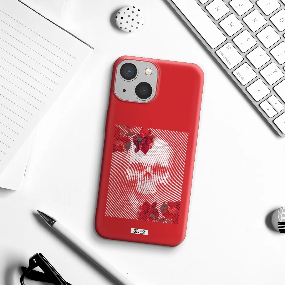 Rose And Skull Pattern Line Apple iPhone 13 mini Silicone Imperial Red Case
