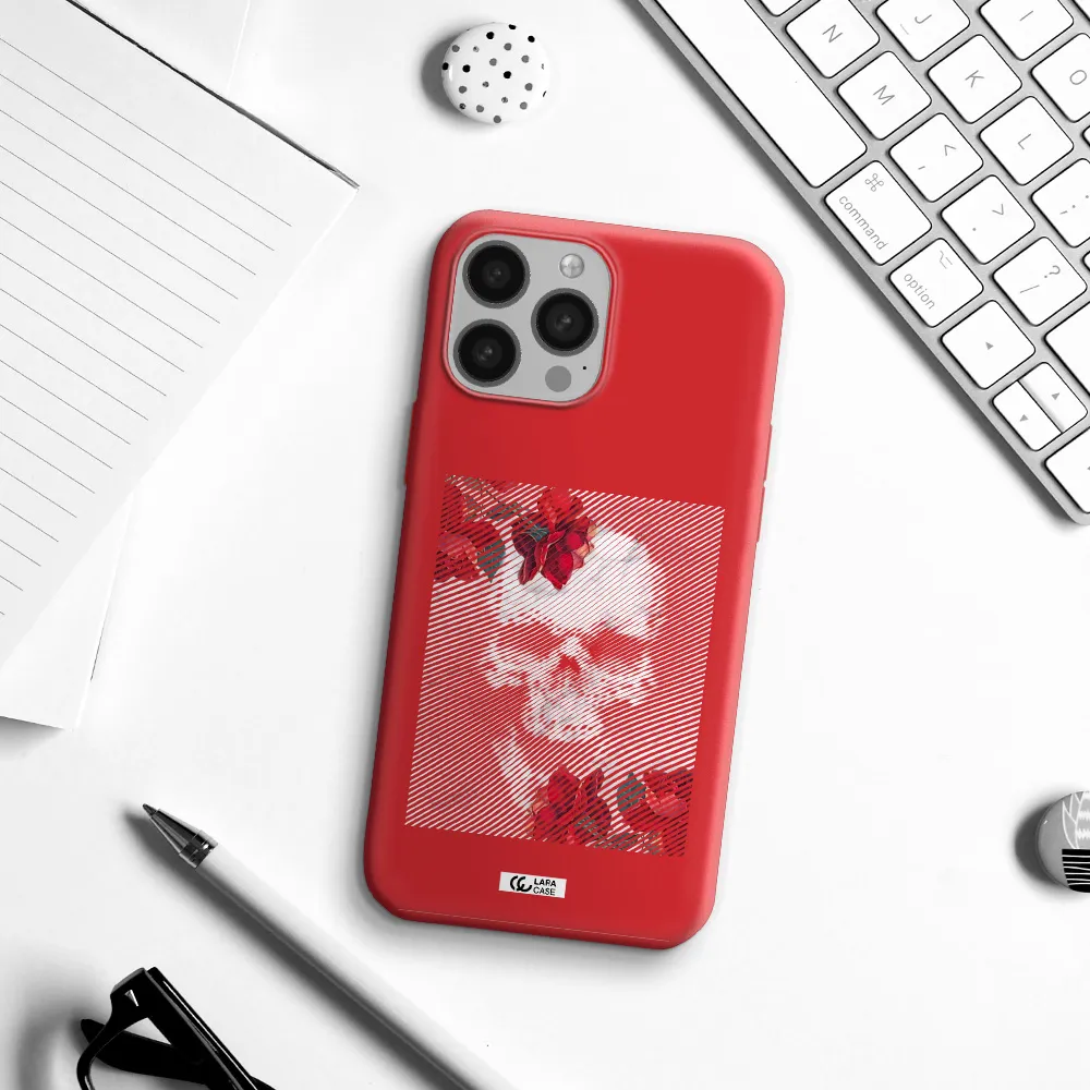 Rose And Skull Pattern Line Apple iPhone 13 Pro Max Silicone Imperial Red Case