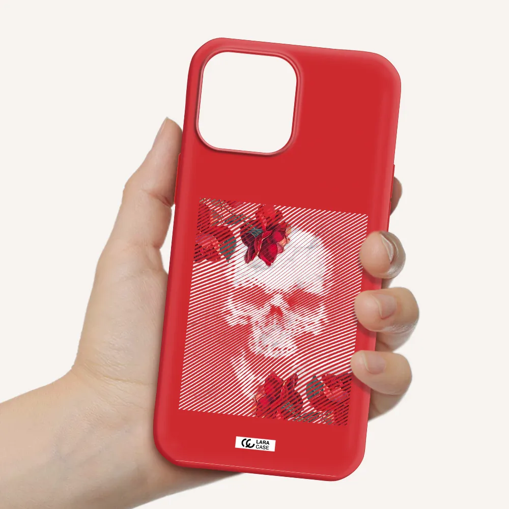 Rose And Skull Pattern Line Apple iPhone 13 Pro Silicone Imperial Red Case