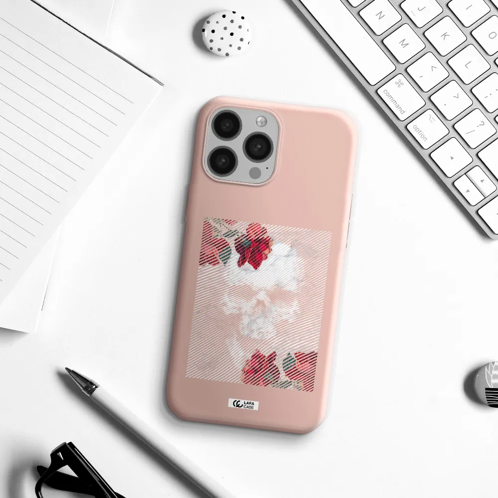 Rose And Skull Pattern Line Apple iPhone 13 Pro Silicone pastel pink Case