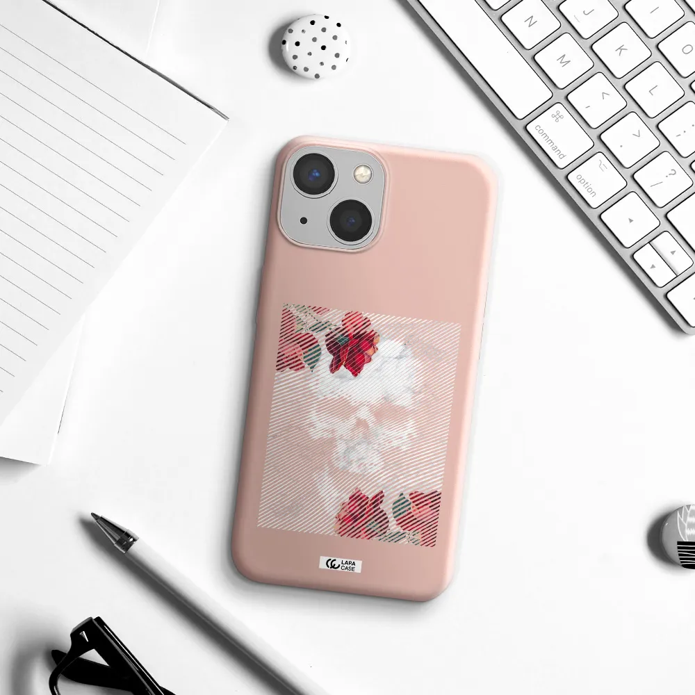 Rose And Skull Pattern Line Apple iPhone 13 Silicone pastel pink Case