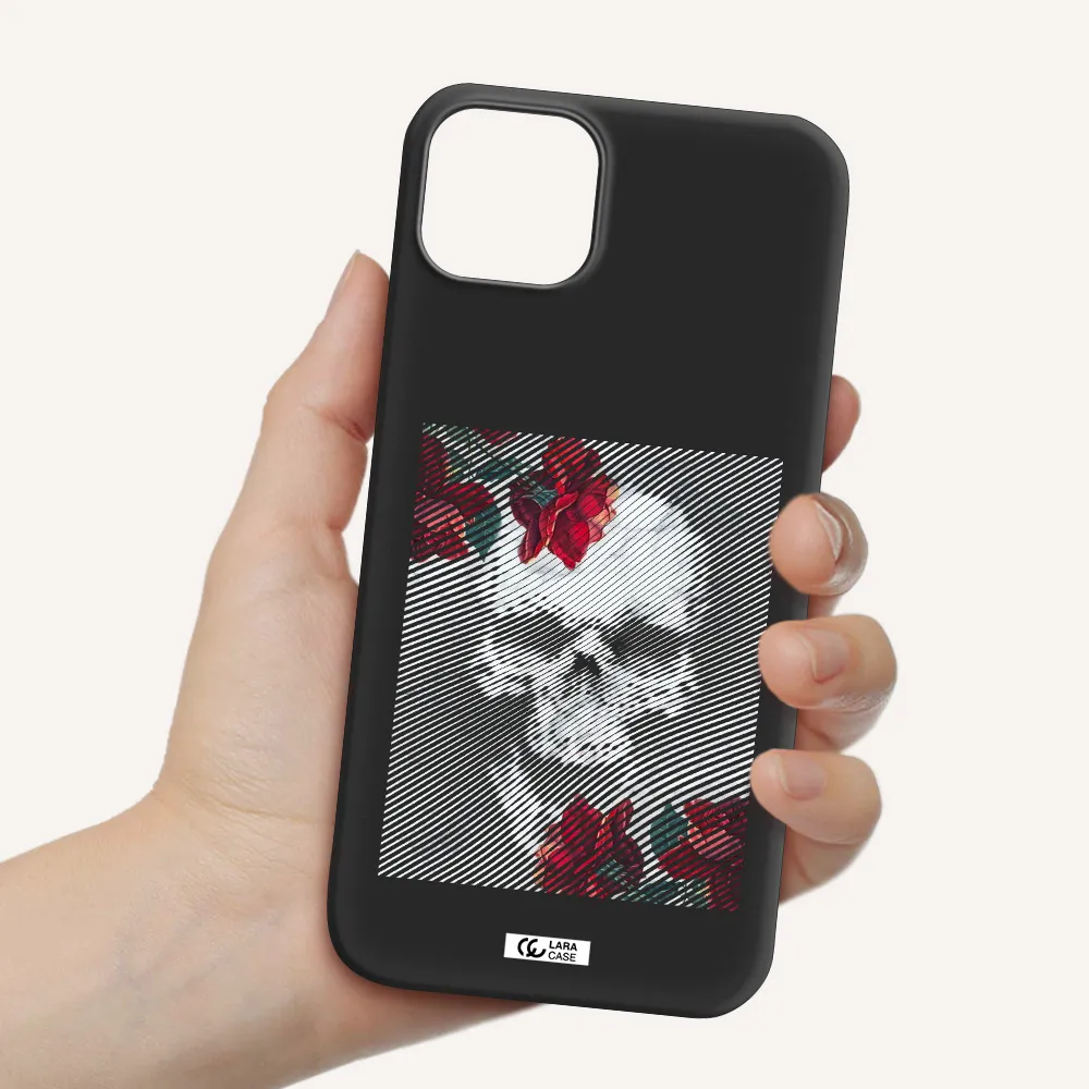 Rose And Skull Pattern Line Apple iPhone 14 plus Silicone black Case