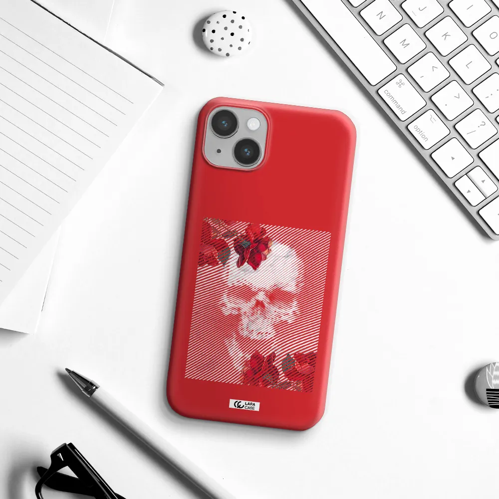 Rose And Skull Pattern Line Apple iPhone 14 plus Silicone Imperial Red Case