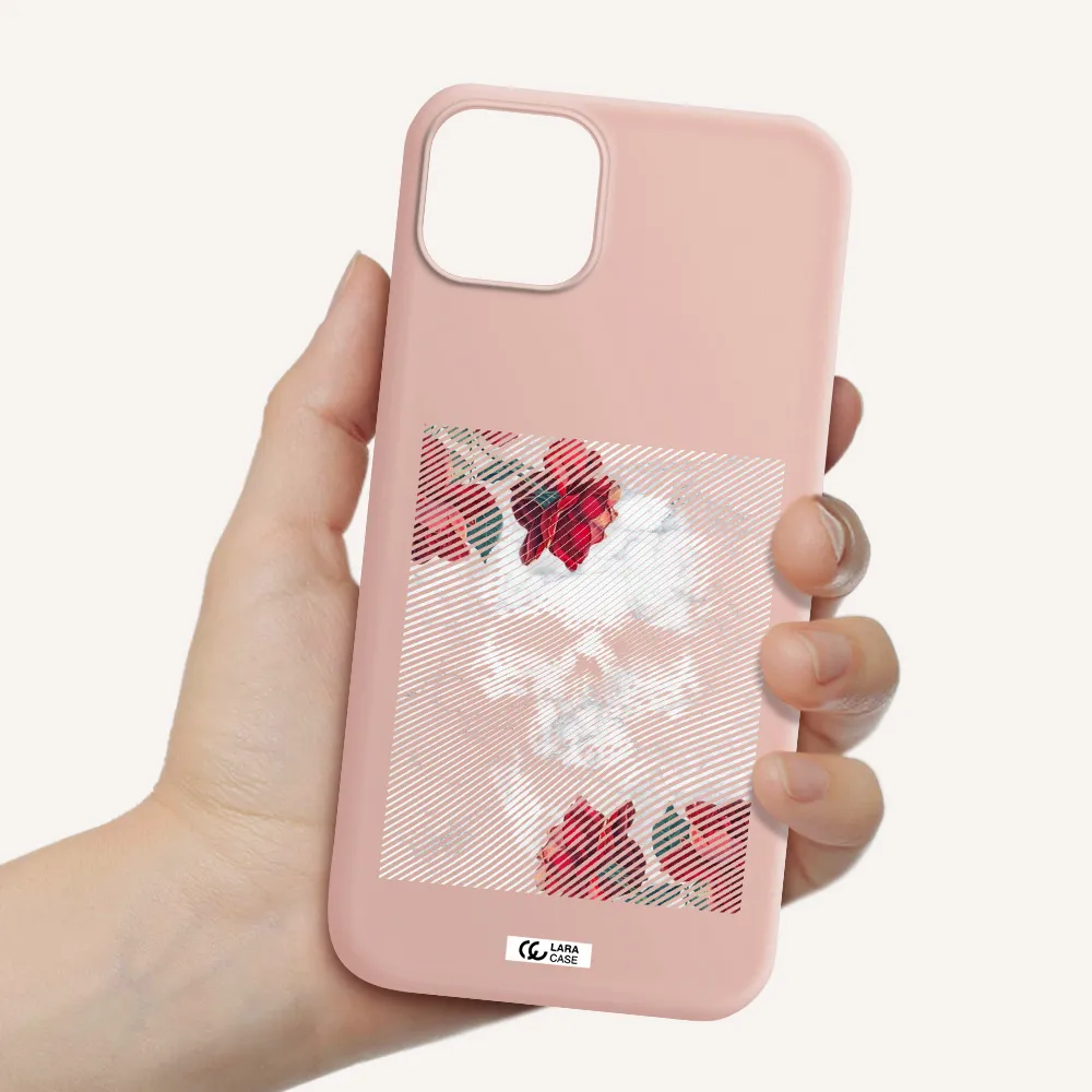 Rose And Skull Pattern Line Apple iPhone 14 plus Silicone pastel pink Case
