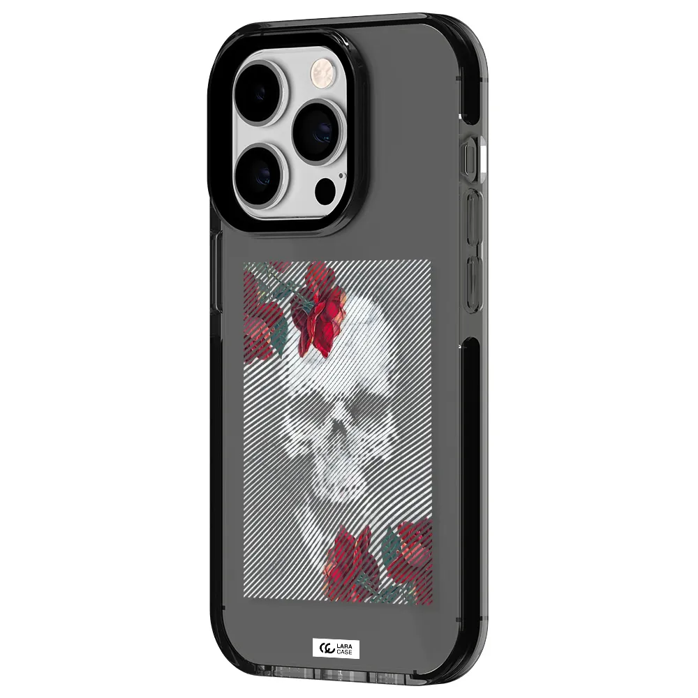 Rose And Skull Pattern Line Apple iPhone 14 pro impact Smoke Black Case