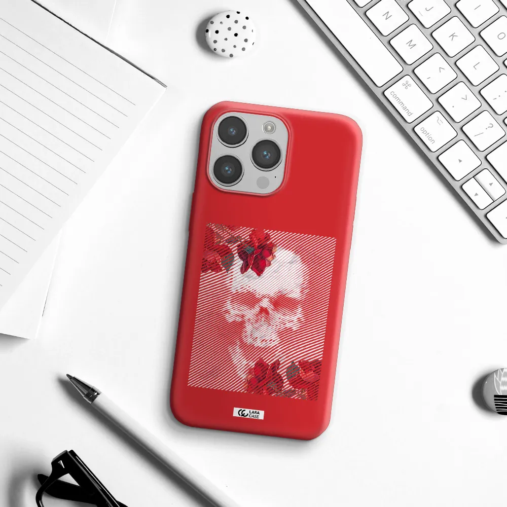 Rose And Skull Pattern Line Apple iPhone 14 pro max Silicone Imperial Red Case