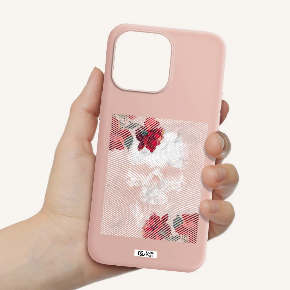 Rose And Skull Pattern Line Apple iPhone 14 pro max Silicone pastel pink Case