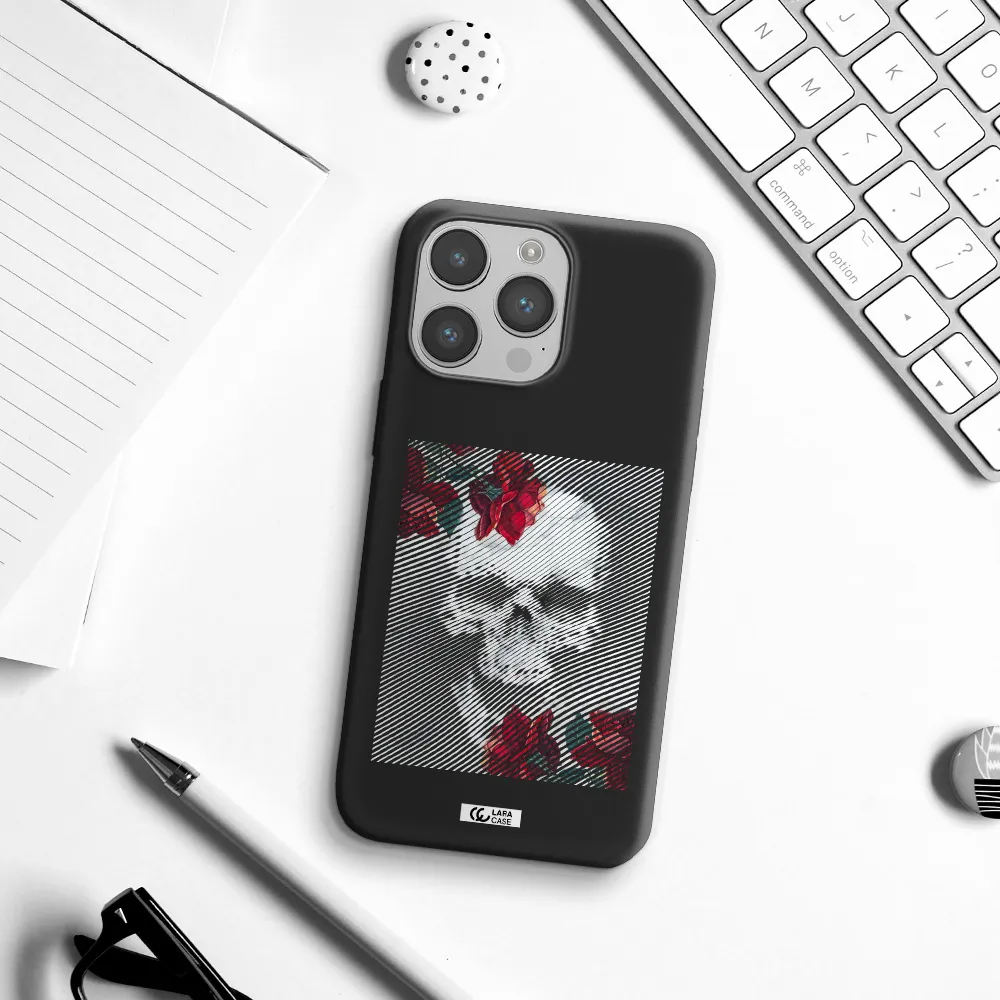 Rose And Skull Pattern Line Apple iPhone 14 pro Silicone black Case