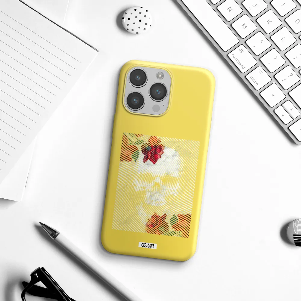 Rose And Skull Pattern Line Apple iPhone 14 pro Silicone canary yellow Case