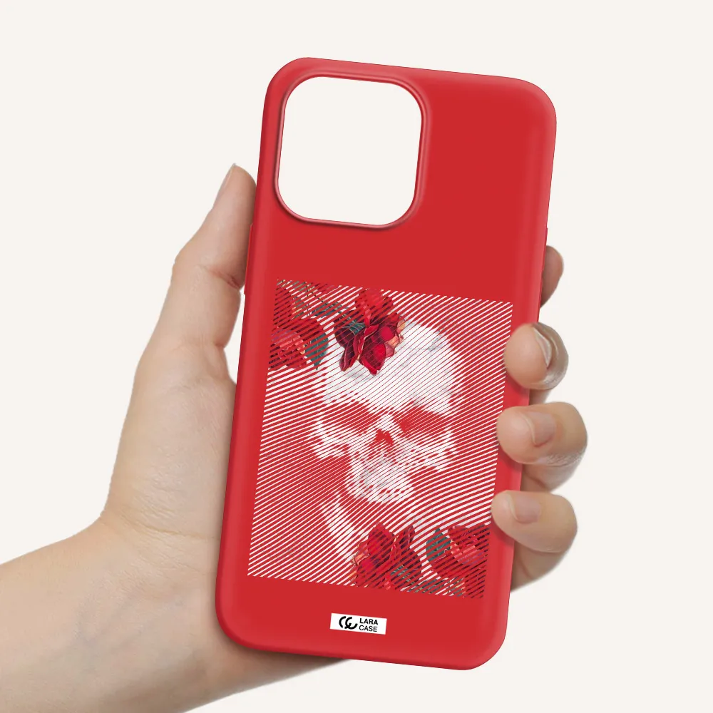 Rose And Skull Pattern Line Apple iPhone 14 pro Silicone Imperial Red Case