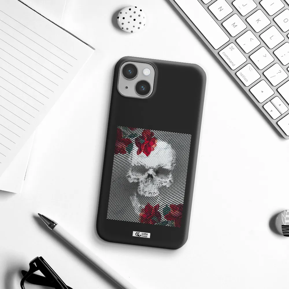 Rose And Skull Pattern Line Apple iPhone 14 Silicone black Case