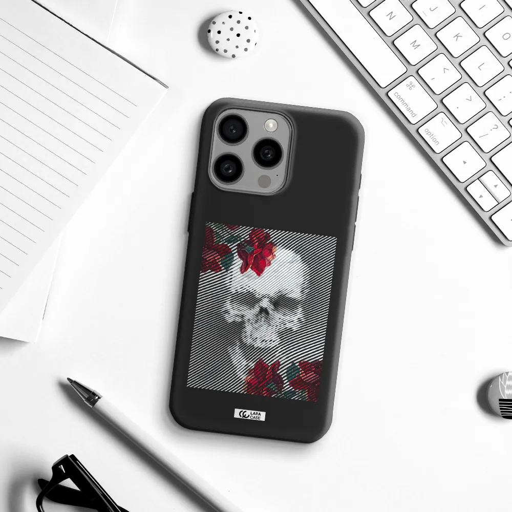 Rose And Skull Pattern Line Apple Iphone 15 Pro max Silicone black Case