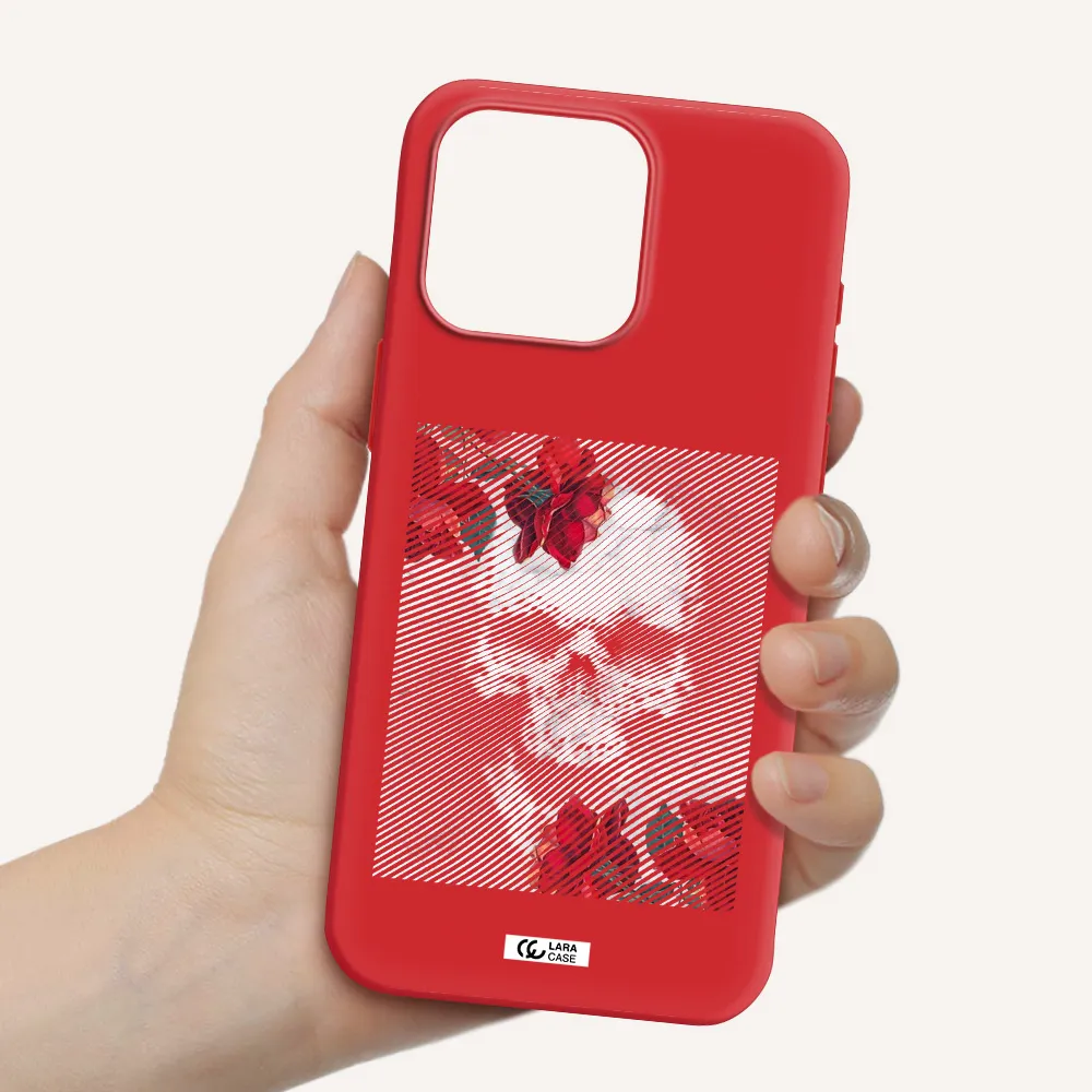 Rose And Skull Pattern Line Apple Iphone 15 Pro Max Silicone Imperial Red Case