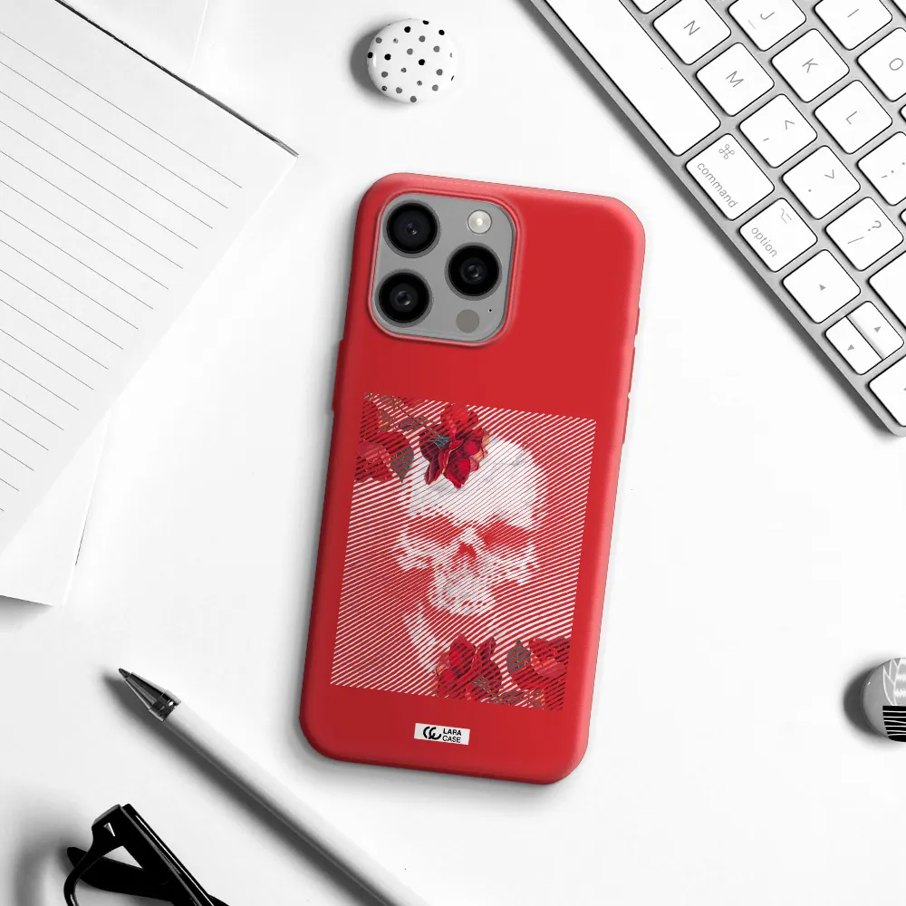 Rose And Skull Pattern Line Apple Iphone 15 Pro Max Silicone Imperial Red Case