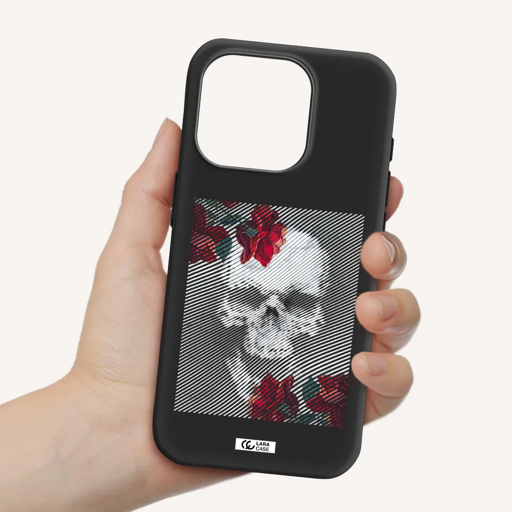Rose And Skull Pattern Line Apple Iphone 15 Pro Silicone Black Case