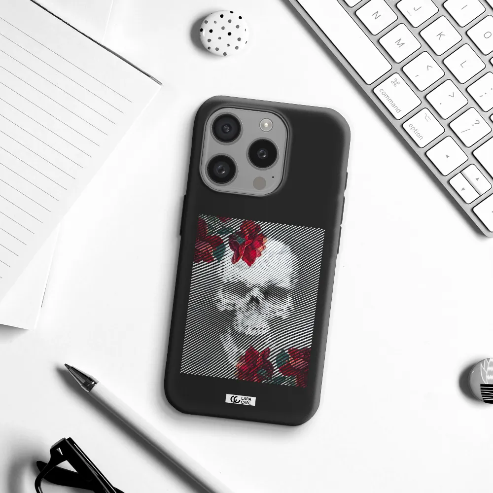 Rose And Skull Pattern Line Apple Iphone 15 Pro Silicone Black Case