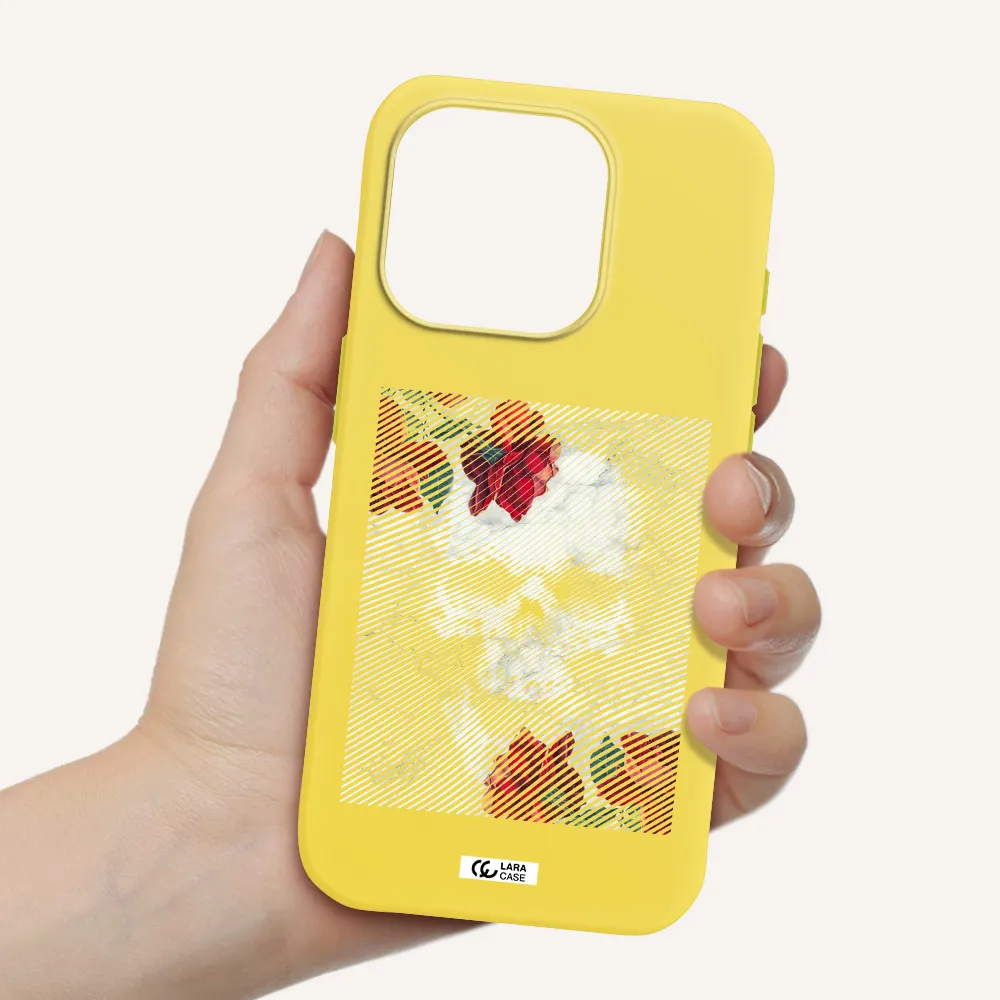 Rose And Skull Pattern Line Apple Iphone 15 Pro Silicone Canary Yellow Case