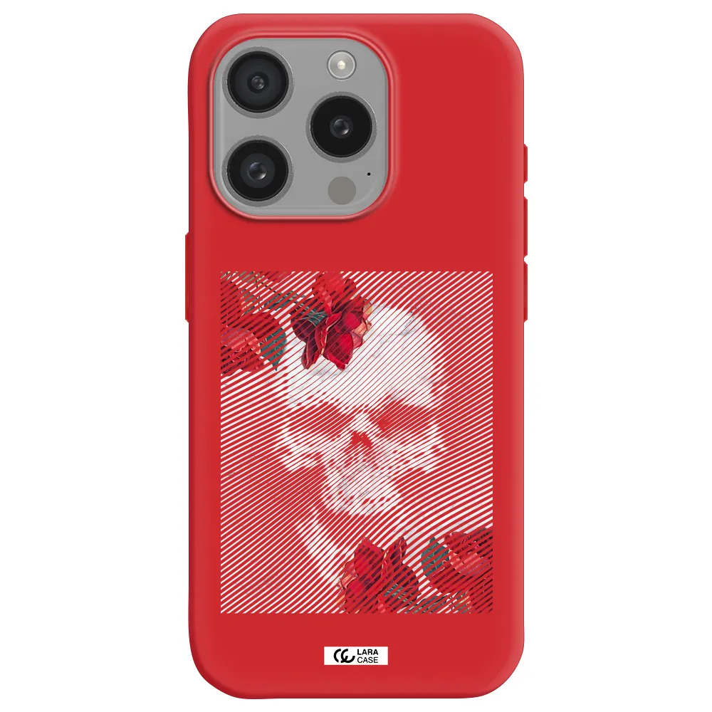 Rose And Skull Pattern Line Apple Iphone 15 Pro Silicone Imperial Red Case