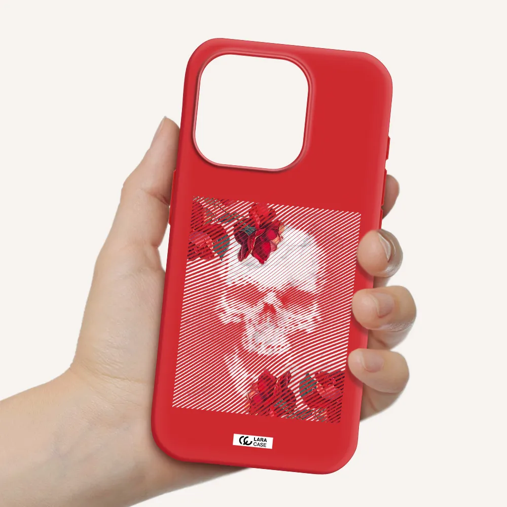 Rose And Skull Pattern Line Apple Iphone 15 Pro Silicone Imperial Red Case