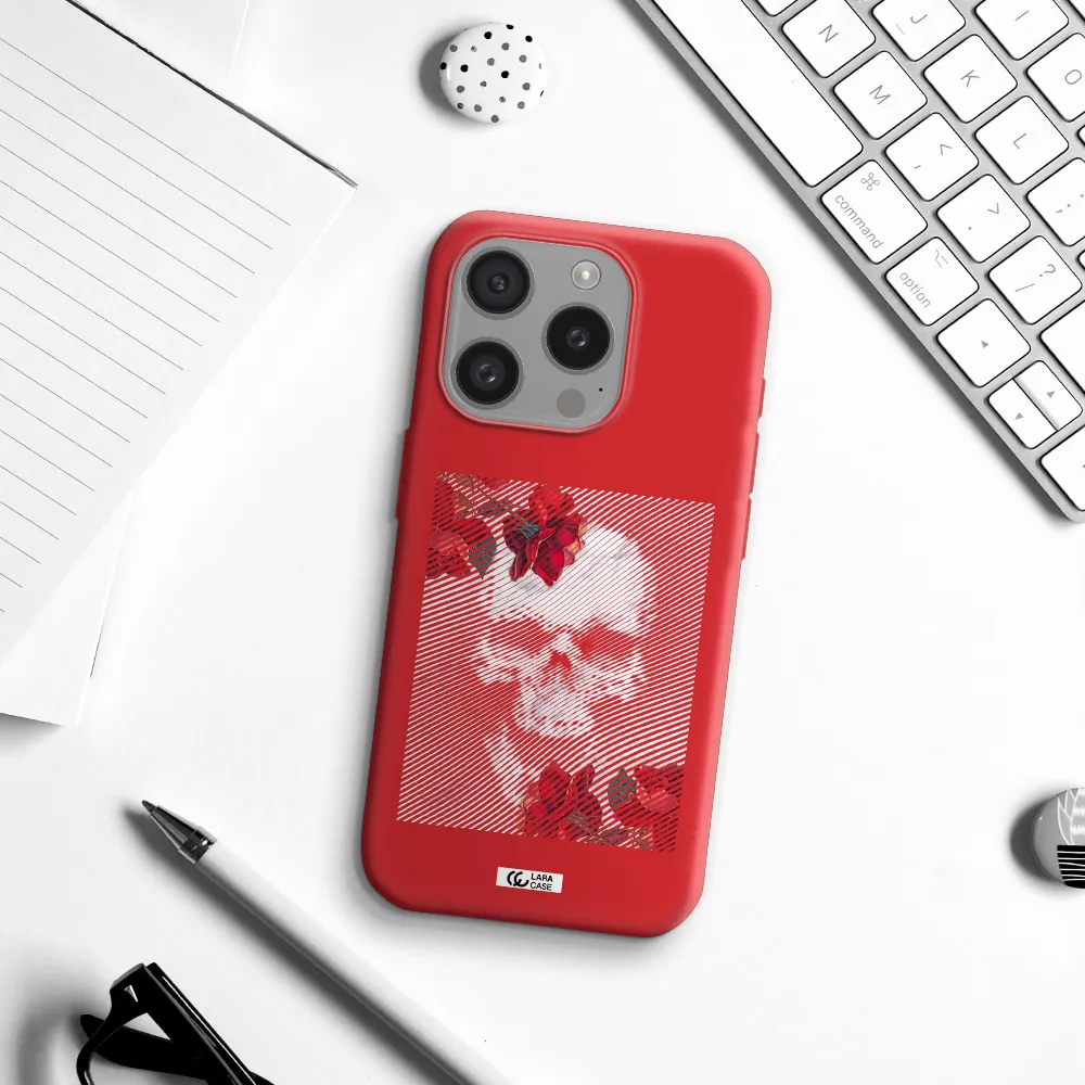 Rose And Skull Pattern Line Apple Iphone 15 Pro Silicone Imperial Red Case