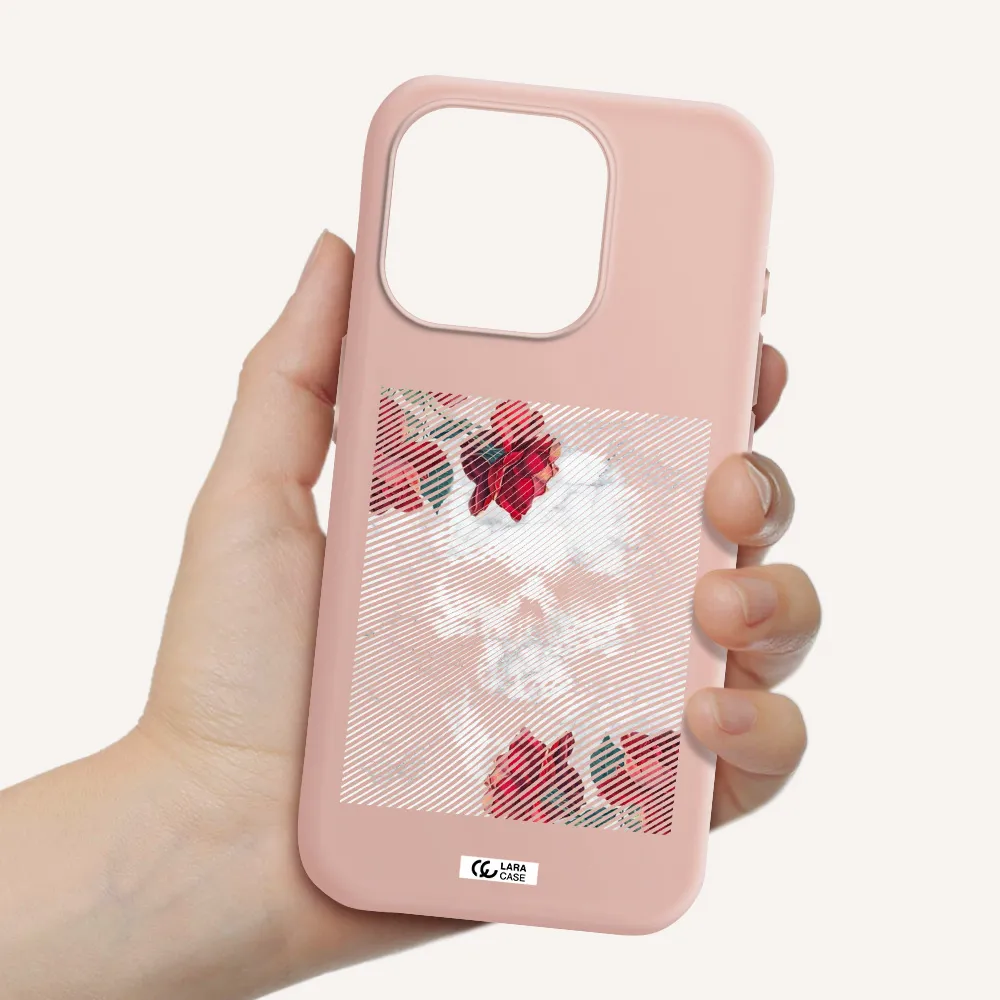 Rose And Skull Pattern Line Apple Iphone 15 Pro Silicone Pastel Pink Case
