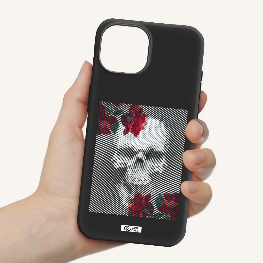 Rose And Skull Pattern Line Apple iPhone 15 Silicone black Case