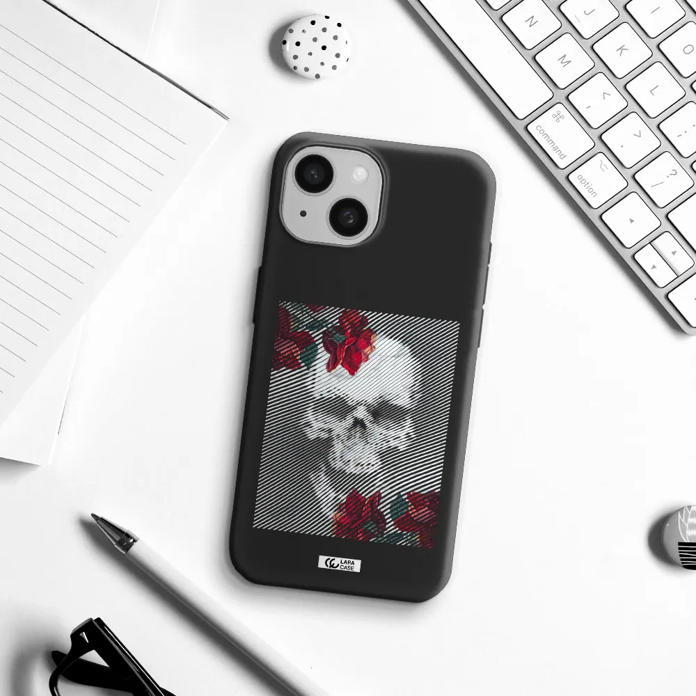 Rose And Skull Pattern Line Apple iPhone 15 Silicone black Case