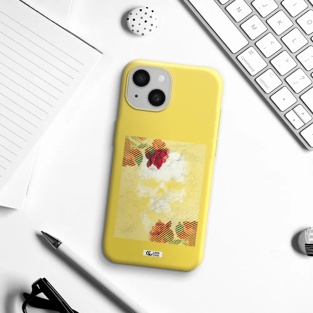 Rose And Skull Pattern Line Apple iPhone 15 Silicone canary yellow Case