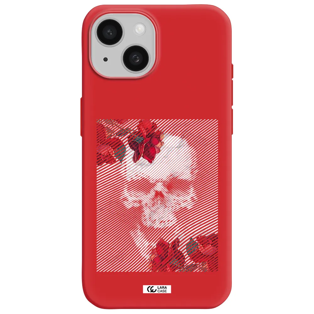 Rose And Skull Pattern Line Apple Iphone 15 Silicone Imperial Red Case