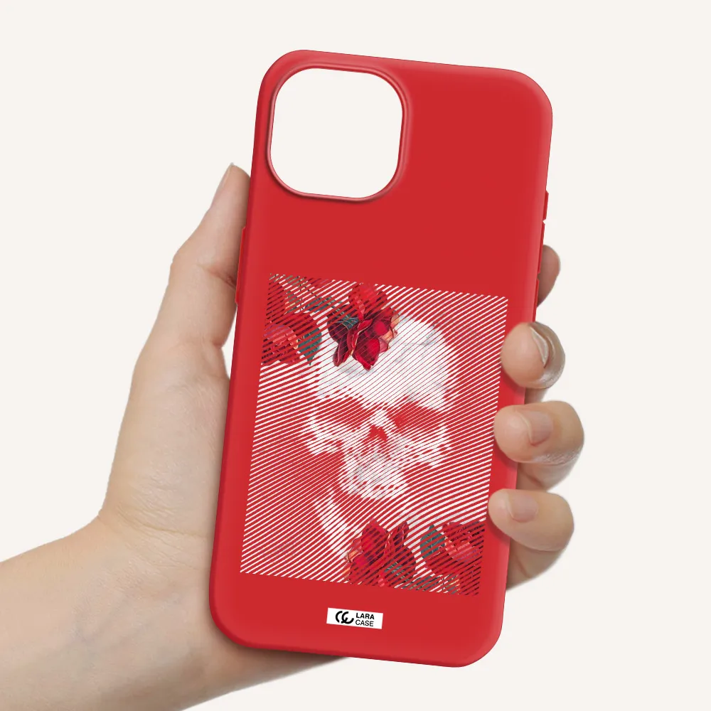 Rose And Skull Pattern Line Apple Iphone 15 Silicone Imperial Red Case