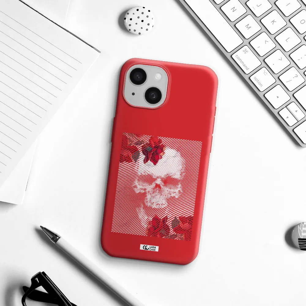 Rose And Skull Pattern Line Apple Iphone 15 Silicone Imperial Red Case