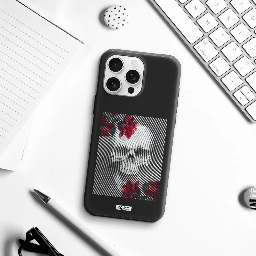 Rose And Skull Pattern Line Apple Iphone 16 Pro Max Silicone Black Case
