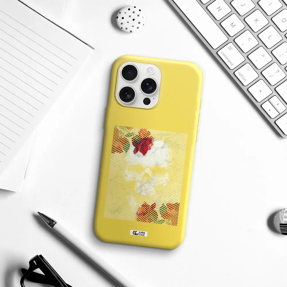 Rose And Skull Pattern Line Apple Iphone 16 Pro Max Silicone Canary Yellow Case