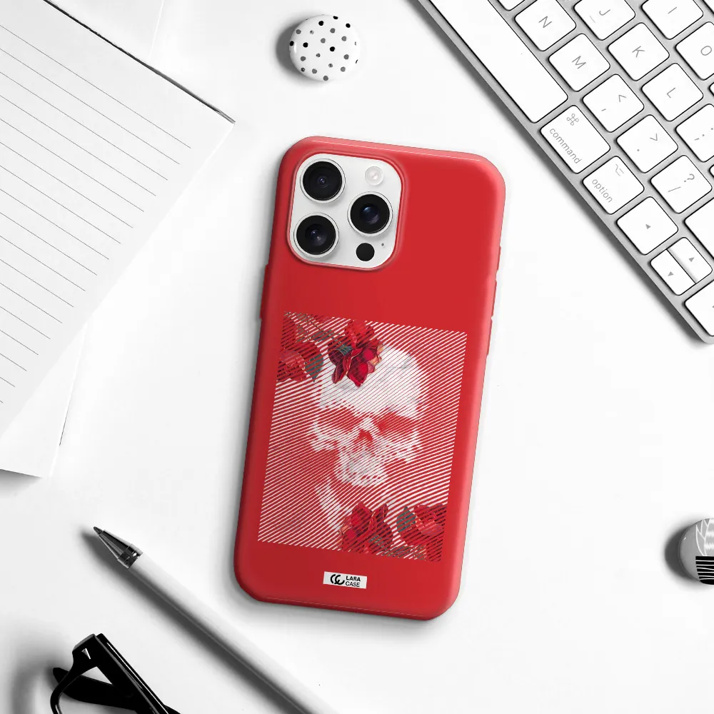 Rose And Skull Pattern Line Apple Iphone 16 Pro Max Silicone Imperial Red Case