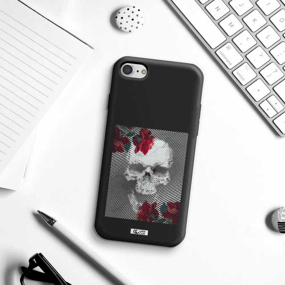 Rose And Skull Pattern Line Apple iPhone 8 Silicone black Case