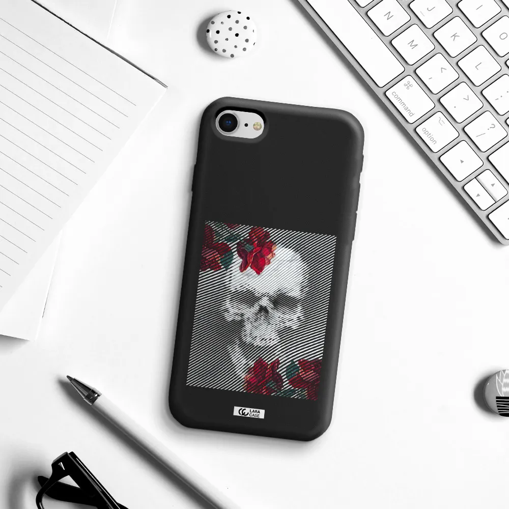 Rose And Skull Pattern Line Apple iPhone se 2020 Silicone black Case