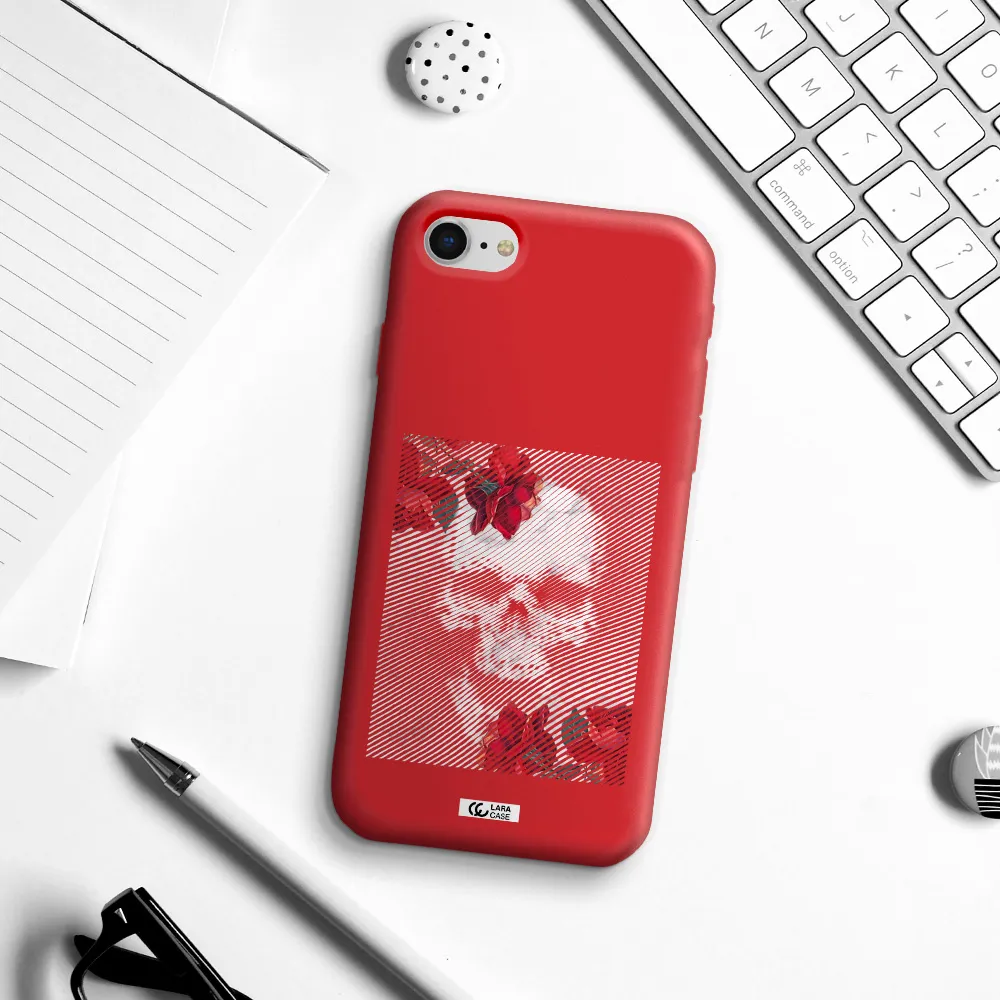 Rose And Skull Pattern Line Apple iPhone se 2020 Silicone Imperial Red Case
