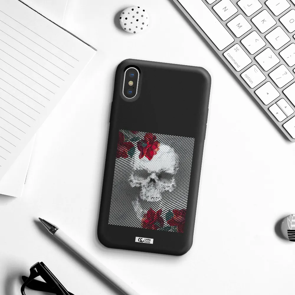 Rose And Skull Pattern Line Apple iPhone X Silicone black Case